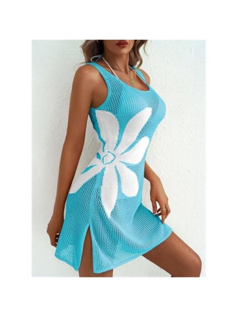 Blue White Floral Slit Swim Crochet Cover Up Dress